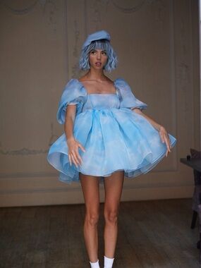 Selkie Cloud Blue Puff-Sleeve Babydoll Mini Dress